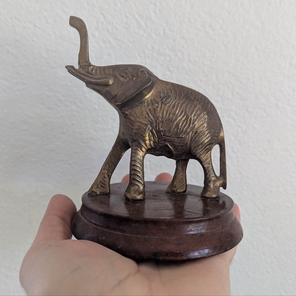 Vintage Brass Elephant Statue Small Figurine on Wood Base 5''